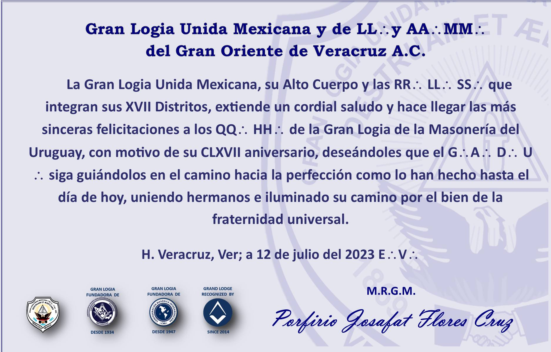 Lee más sobre el artículo Felicitación a la Gran Logia de Uruguay